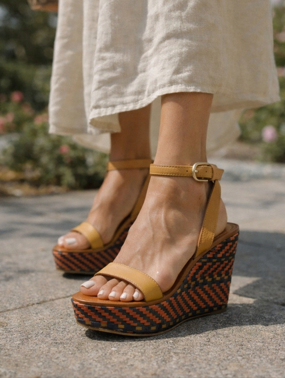 Coach Mustard Yellow Leather Ankle-Strap Wedge Sandals with Patterned Platform